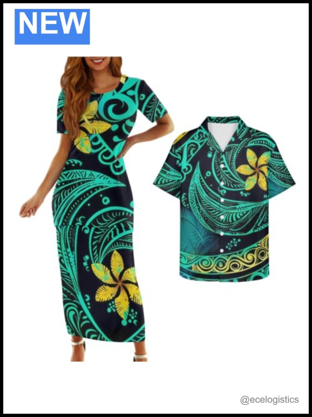 Polyester Samoan Puletasi Dress & Luau Shirt Matching Couples Set